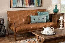 Load image into Gallery viewer, Baxton Studio Nikko Mid-century Modern Tan Faux Leather Upholstered and Walnut Brown finished Wood Sofa
