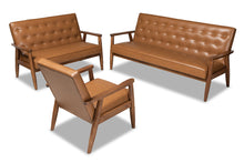 Load image into Gallery viewer, Baxton Studio Sorrento Mid-Century Modern Tan Faux Leather Upholstered and Walnut Brown Finished Wood 3-Piece Living Room Set
