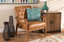 Load image into Gallery viewer, Baxton Studio Sorrento Mid-Century Modern Tan Faux Leather Upholstered and Walnut Brown Finished Wood Lounge Chair
