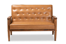 Load image into Gallery viewer, Baxton Studio Sorrento Mid-Century Modern Tan Faux Leather Upholstered and Walnut Brown Finished Wood Loveseat
