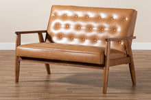 Load image into Gallery viewer, Baxton Studio Sorrento Mid-Century Modern Tan Faux Leather Upholstered and Walnut Brown Finished Wood Loveseat
