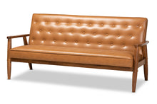Load image into Gallery viewer, Baxton Studio Sorrento Mid-Century Modern Tan Faux Leather Upholstered and Walnut Brown Finished Wood Sofa
