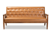 Load image into Gallery viewer, Baxton Studio Sorrento Mid-Century Modern Tan Faux Leather Upholstered and Walnut Brown Finished Wood Sofa

