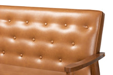 Load image into Gallery viewer, Baxton Studio Sorrento Mid-Century Modern Tan Faux Leather Upholstered and Walnut Brown Finished Wood Sofa
