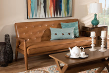 Load image into Gallery viewer, Baxton Studio Sorrento Mid-Century Modern Tan Faux Leather Upholstered and Walnut Brown Finished Wood Sofa
