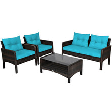 Load image into Gallery viewer, 4 Pieces Outdoor Rattan Wicker Loveseat Furniture Set with Cushions-Turquoise
