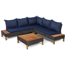 Load image into Gallery viewer, 4 Pieces Patio Cushioned Rattan Furniture Set with Wooden Side Table-Navy
