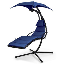 Load image into Gallery viewer, Hanging Curved Steel Swing Chaise Lounger with Removable Canopy and Overhead Light-Navy
