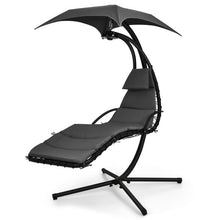 Load image into Gallery viewer, Hanging Curved Steel Swing Chaise Lounger with Removable Canopy and Overhead Light-Gray
