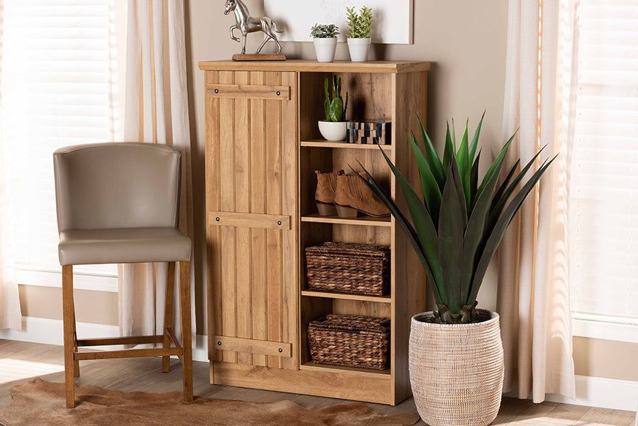 Baxton Studio Eren Modern and Contemporary Farmhouse Natural Oak Brown Finished Wood 1-Door Shoe Cabinet