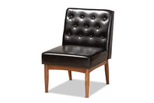 Load image into Gallery viewer, Baxton Studio Riordan Mid-Century Modern Dark Brown Faux Leather Upholstered and Walnut Brown Finished Wood Dining Chair
