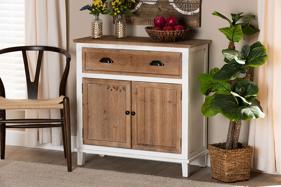 Baxton Studio Glynn Rustic Farmhouse Weathered Two-Tone White and Oak Brown Finished Wood 2-Door Storage Cabinet