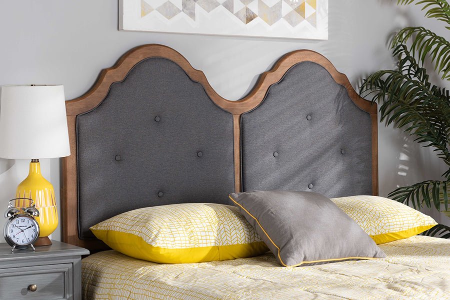 Baxton Studio Falk Vintage Classic Traditional Dark Grey Fabric Upholstered and Walnut Brown Finished Wood Queen Size Arched Headboard