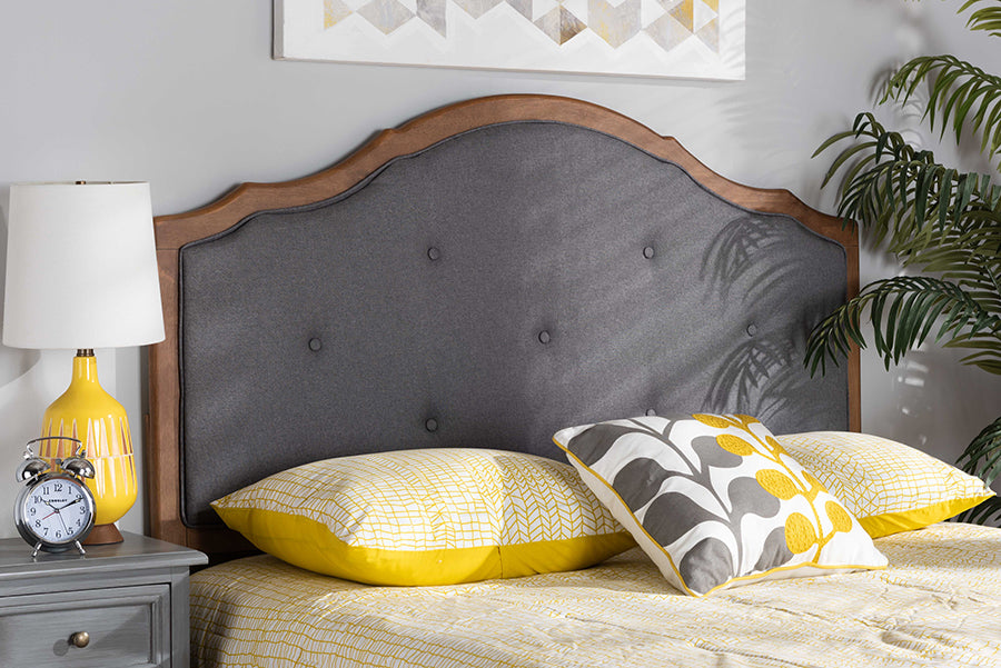Baxton Studio Gala Vintage Classic Traditional Dark Grey Fabric Upholstered and Walnut Brown Finished Wood Queen Size Arched Headboard