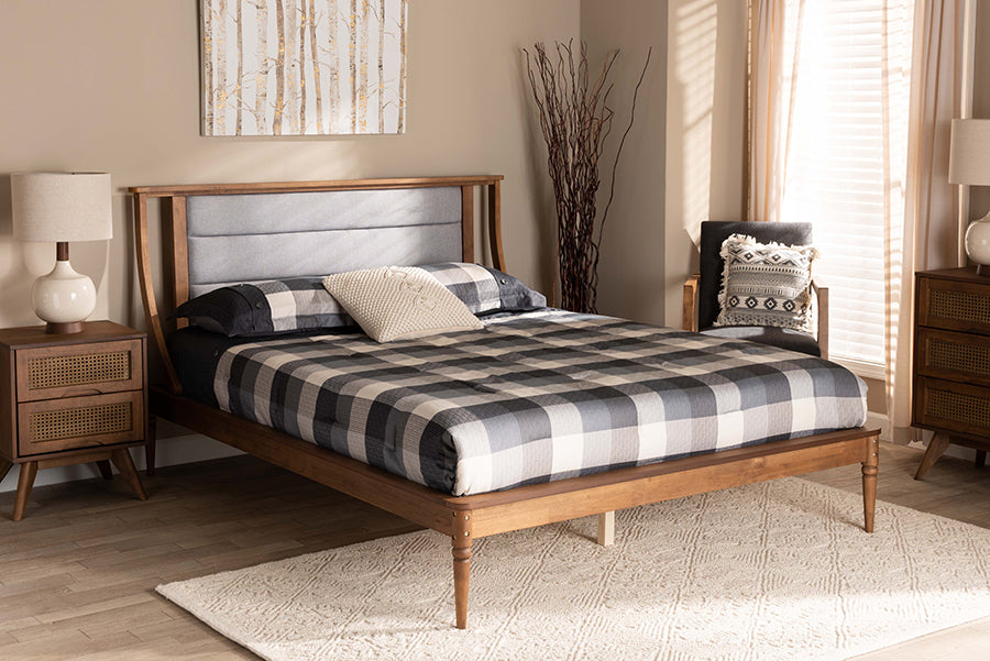 Baxton Studio Regis Modern and Contemporary Transitional Light Grey Fabric Upholstered and Walnut Brown Finished Wood King Size Platform Bed