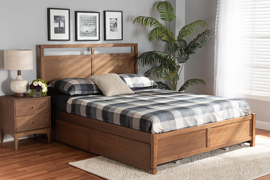 Baxton Studio Saffron Modern and Contemporary Walnut Brown Finished Wood Queen Size 4-Drawer Platform Storage Bed