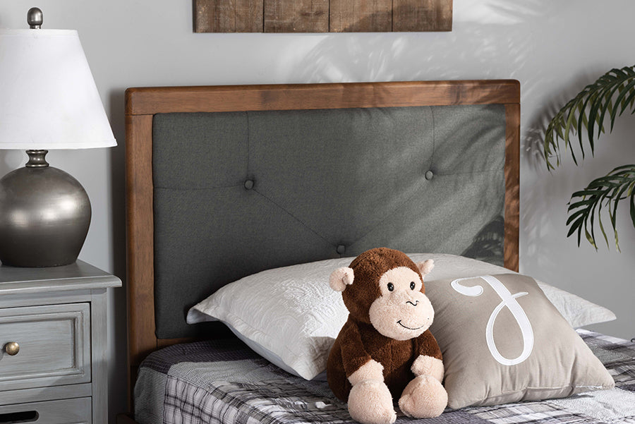 Baxton Studio Abner Modern and Contemporary Transitional Dark Grey Fabric Upholstered and Walnut Brown Finished Wood Twin Size Headboard