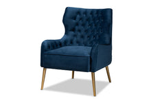 Load image into Gallery viewer, Baxton Studio Nelson Modern Luxe and Glam Navy Blue Velvet Fabric Upholstered and Gold Finished Metal Armchair
