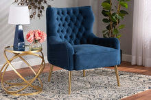 Load image into Gallery viewer, Baxton Studio Nelson Modern Luxe and Glam Navy Blue Velvet Fabric Upholstered and Gold Finished Metal Armchair
