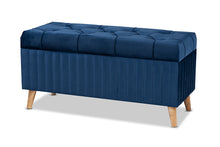 Load image into Gallery viewer, Baxton Studio Hanley Modern and Contemporary Navy Blue Velvet Fabric Upholstered and Walnut Brown Finished Wood Storage Ottoman

