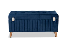 Load image into Gallery viewer, Baxton Studio Hanley Modern and Contemporary Navy Blue Velvet Fabric Upholstered and Walnut Brown Finished Wood Storage Ottoman
