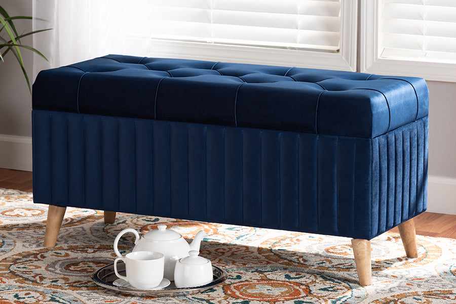 Baxton Studio Hanley Modern and Contemporary Navy Blue Velvet Fabric Upholstered and Walnut Brown Finished Wood Storage Ottoman