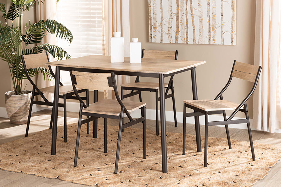Baxton Studio Carmen Modern and Contemporary Oak Brown Finished Wood and Dark Brown Metal 5-Piece Dining Set