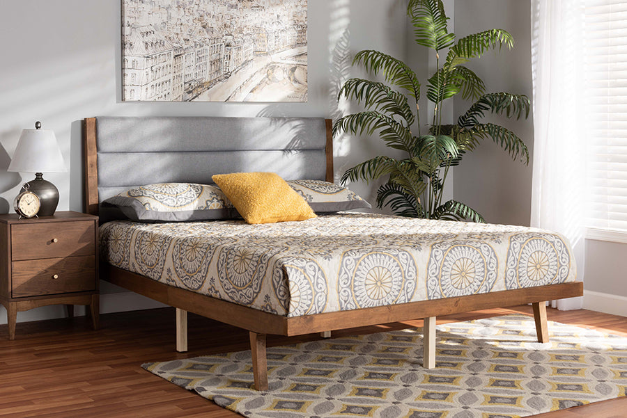 Baxton Studio Jarlan Modern and Contemporary Transitional Grey Fabric Upholstered and Walnut Brown Finished Wood Queen Size Platform Bed