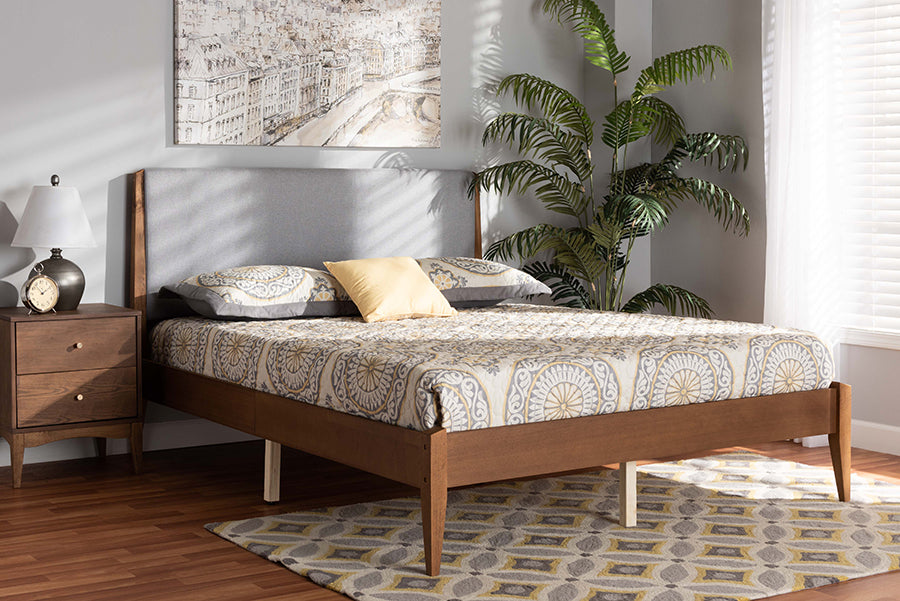 Baxton Studio Lenora Mid-Century Modern Grey Fabric Upholstered and Walnut Brown Finished Wood King Size Platform Bed