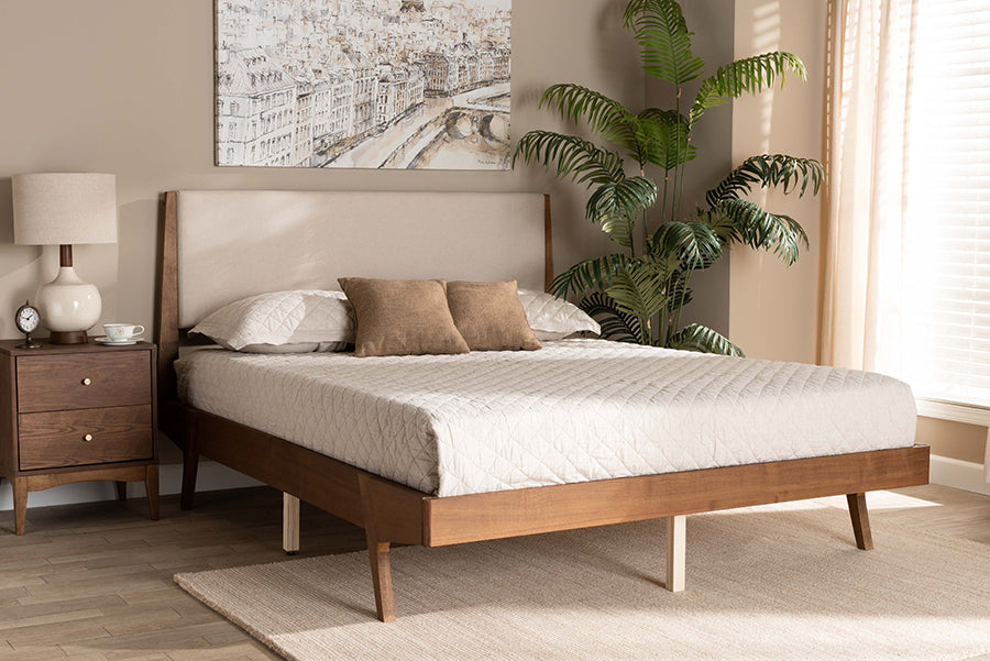 Baxton Studio Senna Mid-Century Modern Beige Fabric Upholstered and Walnut Brown Finished Wood Queen Size Platform Bed