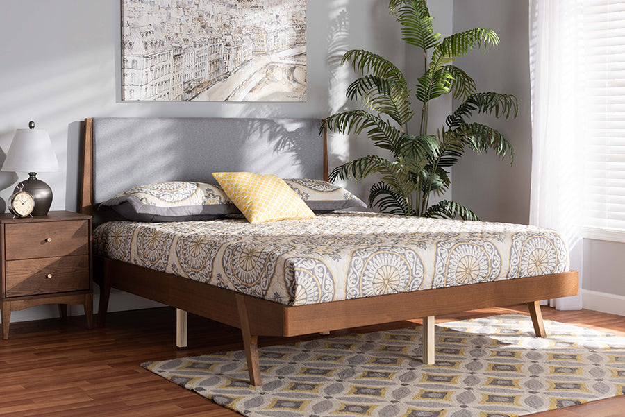 Baxton Studio Senna Mid-Century Modern Grey Fabric Upholstered and Walnut Brown Finished Wood King Size Platform Bed