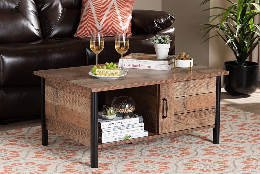 Baxton Studio Vaughan Modern and Contemporary Two-Tone Rustic Oak Brown and Black Finished Wood Coffee Table