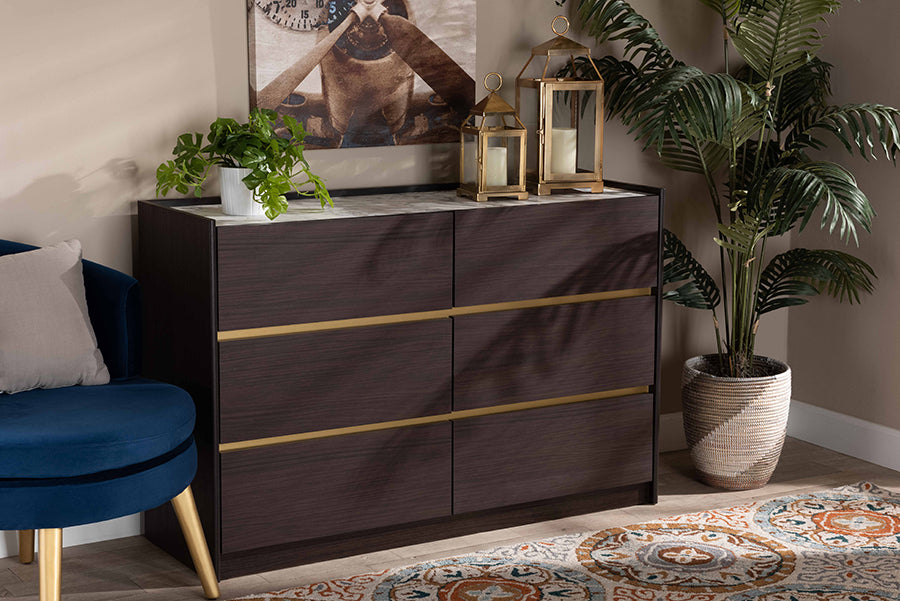 Baxton Studio Walker Modern and Contemporary Dark Brown and Gold Finished Wood 6-Drawer Dresser with Faux Marble Top
