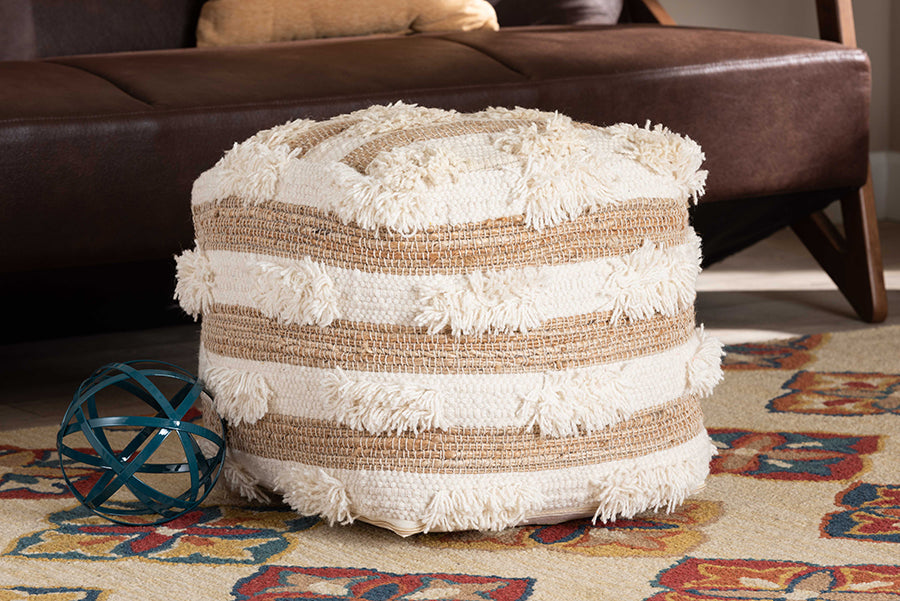 Baxton Studio Basque Modern and Contemporary Moroccan Inspired Natural and Ivory Handwoven Wool Blend Pouf Ottoman