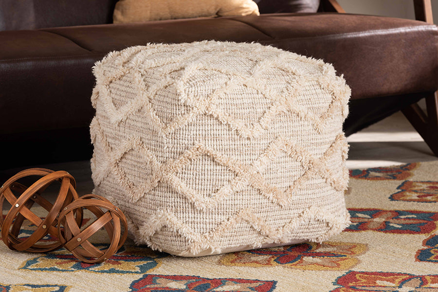 Baxton Studio Carilyn Modern and Contemporary Moroccan Inspired Ivory Handwoven Wool Blend Pouf Ottoman