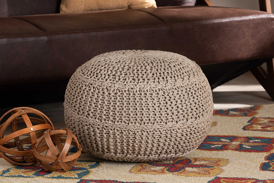 Baxton Studio Palmas Modern and Contemporary Bohemian Beige Handwoven Pet Yarn Pouf Ottoman