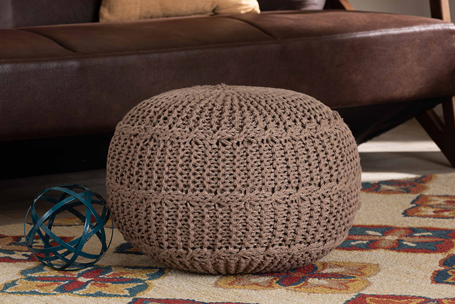 Baxton Studio Palmas Modern and Contemporary Bohemian Taupe Handwoven Pet Yarn Pouf Ottoman