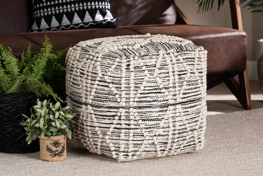 Baxton Studio Sentir Modern and Contemporary Moroccan Inspired Ivory and Black Handwoven Wool Blend Pouf Ottoman