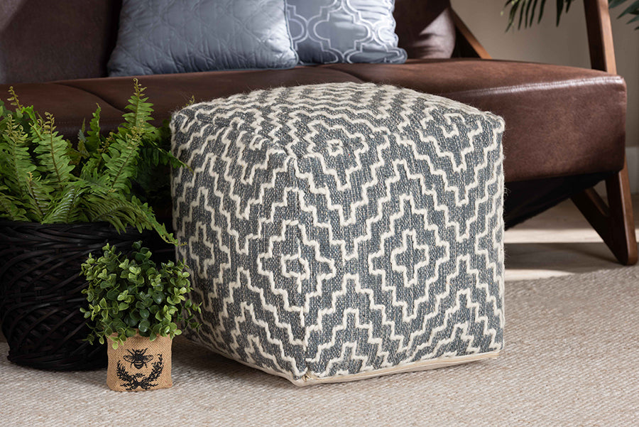 Baxton Studio Benjamin Modern and Contemporary Bohemian Grey and Ivory Handwoven Cotton Blend Pouf Ottoman