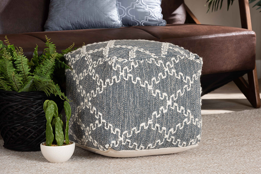Baxton Studio Geyne Modern and Contemporary Bohemian Grey and Ivory Handwoven Cotton Blend Pouf Ottoman
