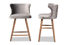 Load image into Gallery viewer, Baxton Studio Sagira Modern and Contemporary Transitional Grey Velvet Fabric Upholstered and Walnut Brown Finished Wood 2-Piece Counter Stool Set
