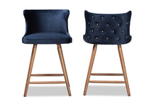 Load image into Gallery viewer, Baxton Studio Sagira Modern and Contemporary Transitional Navy Blue Velvet Fabric Upholstered and Walnut Brown Finished Wood 2-Piece Counter Stool Set
