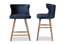 Load image into Gallery viewer, Baxton Studio Sagira Modern and Contemporary Transitional Navy Blue Velvet Fabric Upholstered and Walnut Brown Finished Wood 2-Piece Counter Stool Set
