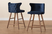 Load image into Gallery viewer, Baxton Studio Sagira Modern and Contemporary Transitional Navy Blue Velvet Fabric Upholstered and Walnut Brown Finished Wood 2-Piece Counter Stool Set
