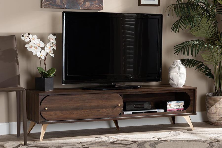 Baxton Studio Dena Mid-Century Modern Walnut Brown Wood and Gold Finished TV Stand