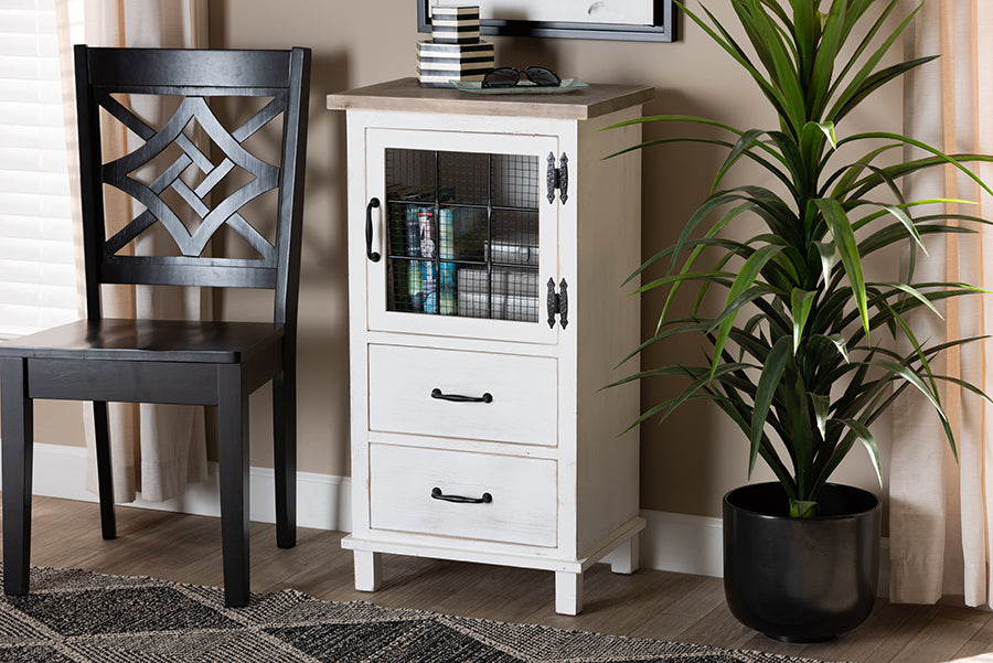 Baxton Studio Faron Classic and Traditional Farmhouse Two-Tone Distressed White and Oak Brown Finished Wood 2-Drawer Storage Cabinet