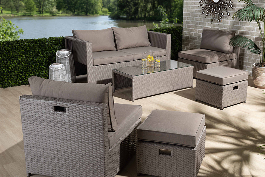 Baxton Studio Haina Modern and Contemporary Grey Fabric Upholstered and Grey Finished Synthetic Rattan 6-Piece Patio Set