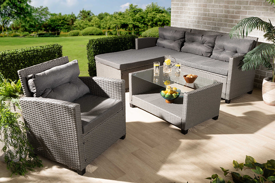 Baxton Studio Darian Modern and Contemporary Grey Fabric Upholstered and Grey Synthetic Rattan 4-Piece Patio Set