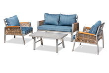 Load image into Gallery viewer, Baxton Studio Nicholson Modern and Contemporary Blue Fabric Upholstered and Grey Finished Metal with Brown Finished PE Rattan 4-Piece Outdoor Patio Lounge Set
