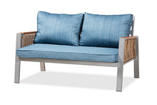 Load image into Gallery viewer, Baxton Studio Nicholson Modern and Contemporary Blue Fabric Upholstered and Grey Finished Metal with Brown Finished PE Rattan 4-Piece Outdoor Patio Lounge Set
